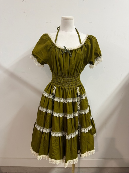 innocent world Dresses & Skirts - Innocent World M/L Olive Green Lace-Trim Tiered Tulle Dress Cottagecore Coquette